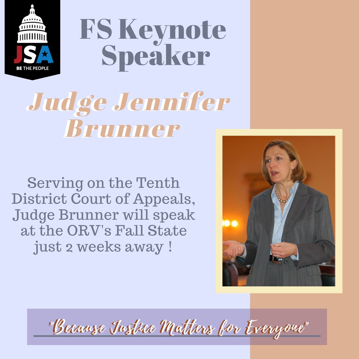 orvjsa's tweet photo. We're so excited to have Judge Brunner as our keynote speaker at Fall State in just a couple weeks! https://t.co/LU7TIuuApu