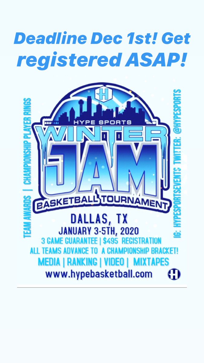 2020 Winterjam Jan 3-5. Deadline is Dec 1st. Schedules out Christmas Day. Hotel links up now... Book ASAP! hypebasketball.com/Events.html