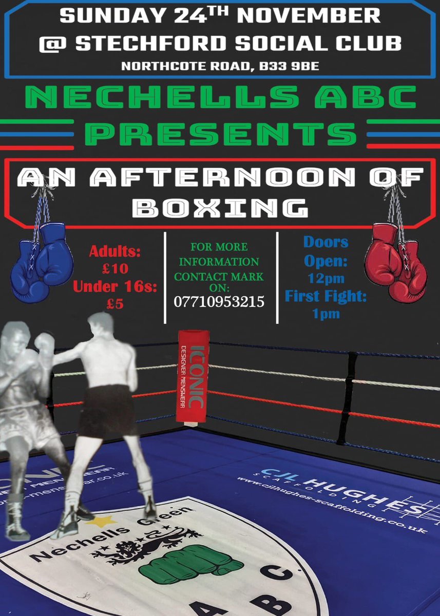 An afternoon of boxing is coming your way ....

Sunday 24th November 
Doors open from 12pm
Adults £10, Under 16s £5

Sponsored by 
iconic-menswear.co.uk
cjlhughes-scaffolding.co.uk

If you would like to sponsor the show get in touch with us (DM or through nechellsabc@gmail.com)