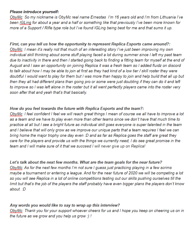 Replicaesports's tweet image. Are you intrested to know @ObyMc a bit? Then take some time to read! 

#GoReplica #Esports #cs #csgo #faceit #esea #ESLCSGO #CSGOESL #ESL