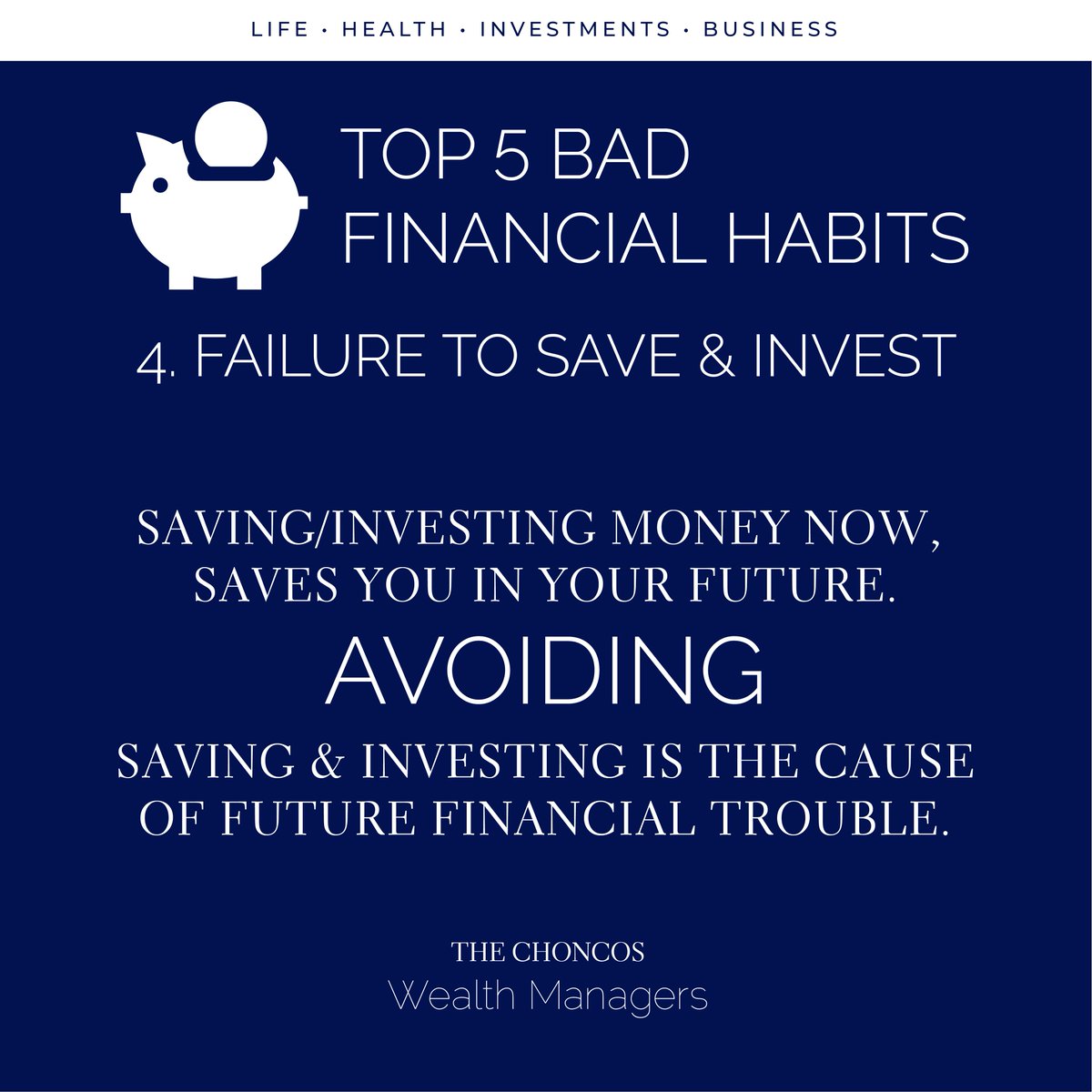 TheChoncos's tweet photo. Financial Bad Habit #4 of #5

Failure To Save &amp; Invest ❌

Saving/Investing money now. saves you in your future. Avoiding saving &amp; investing is the cause of future financial trouble. https://t.co/xIOgfQ0lSy