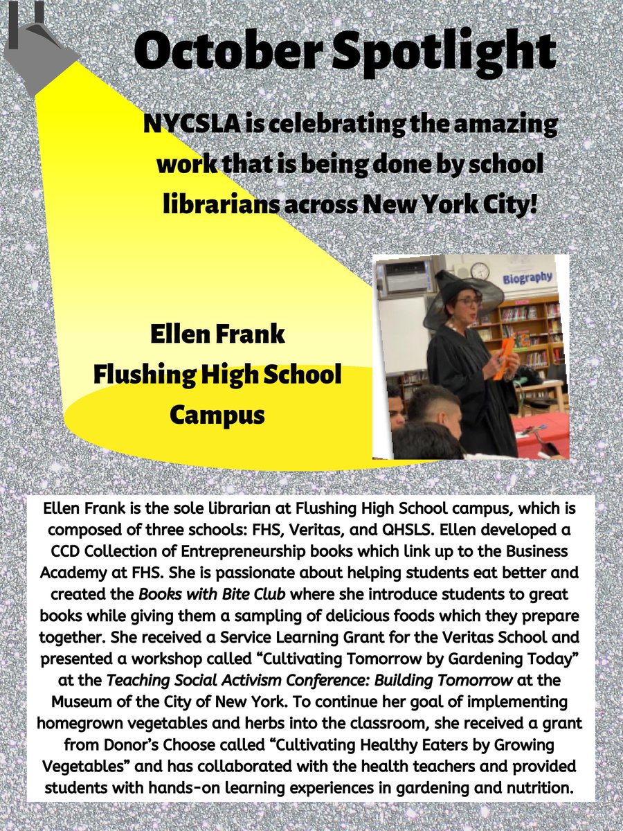 nycsla's tweet photo. Our October Librarian of the Month is Ellen Frank at the Flushing High School Campus! Here’s what’s happening in Ellen’s library! #tlchat #libchat #LEADOUTLOUD @readingbeaver https://t.co/RrrVVZUBwG