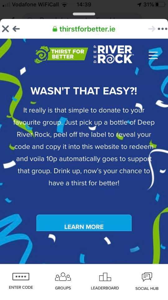 💦DEEP RIVER ROCK CODES 💦

Don't forget your Deep River Rock Codes for every code submitted the club receive 10p donation. All you have to do is click on the link below and the submit the code that's on the inside of the label. #OurClub #BleedGreen #RLHC 
thirstforbetter.ie/randalstown-la…