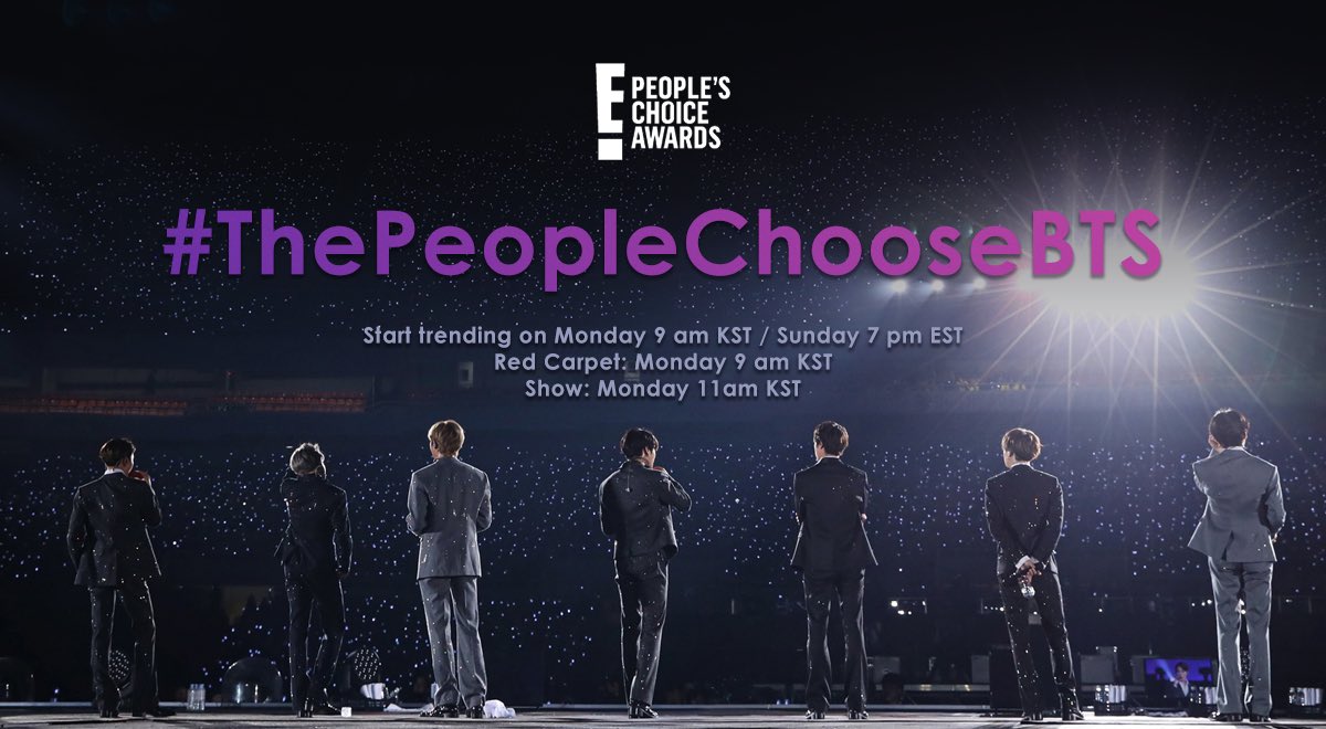 The 2019 People’s Choice Awards (<a href="/peopleschoice/">People's Choice Country Awards</a>) will be at 9PM EST (11AM KST / 3AM CET)

<a href="/BTS_twt/">방탄소년단</a> is nominated for
🏆 The group
🏆 The Music Video
🏆 The Concert Tour

#/ThePeopleChooseBTS will be used 2 hours before the show to support to BTS💜

🖼 <a href="/BTS_graphs/">BTS Graphs ⁷</a> #BTS #MAMAVOTE