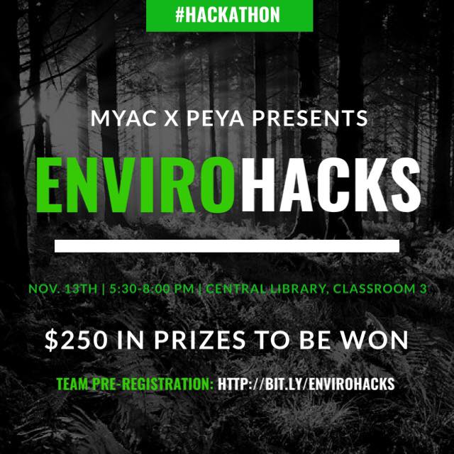 Introducing MYAC's November Connect, EnviroHacks! This is a Hackathon (No coding or hacking experience necessary!) based off an environmental problem. There will be $250 in prizes and volunteer hours will be signed. Please preregister at: bit.ly/envirohacks! See you there!