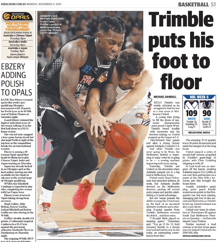 MickRandallHS's tweet photo. So @MelbUnitedHQ has won four in a row and are now fourth on the #NBL20 table after a horror start. Put on a show after quarter time against the 36ers. Great pic of @cprather24 in @heraldsunsport today.
📰: https://t.co/S9GEjsFjhc #ADEatMEL https://t.co/zBB29Jkgd9