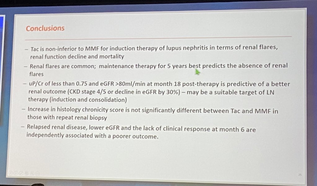 gponsestel's tweet photo. Conclusion by CC Mok at the #ACR19 : Long-term Outcome of a Randomized Controlled Trial Comparing Tacrolimus with Mycophenolate Mofetil as Induction Therapy of Severe Lupus Nephritis https://t.co/MecgayFREs