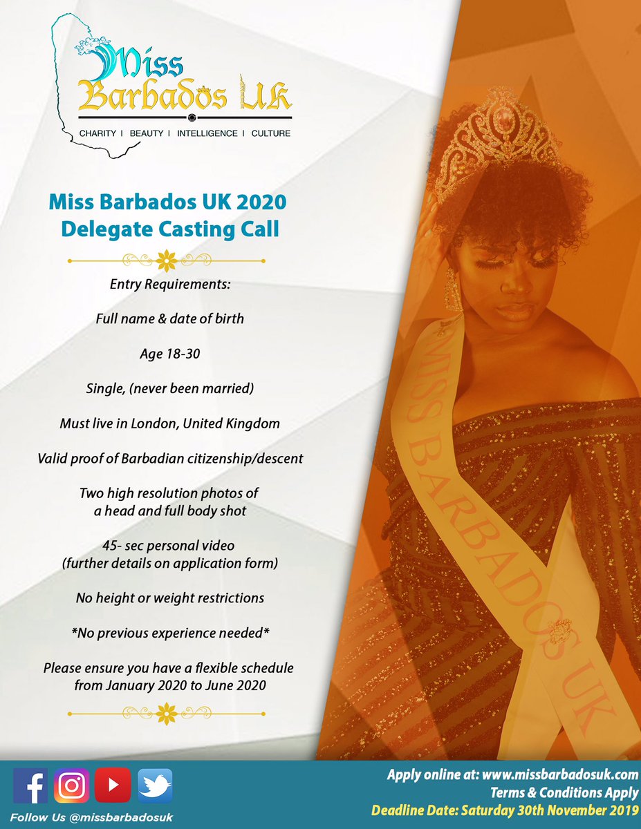 MissBarbadosUK's tweet photo. Here’s your chance to represent the island you love! What are you waiting for??!! APPLY NOW to be Miss Barbados UK 2020!

Could you be the next Queen? Apply now at https://t.co/2N0fxy8zuU and don't miss out on an opportunity of a lifetime! 👑

DEADLINE: 30th November 2019! https://t.co/vdf0IoqC3L