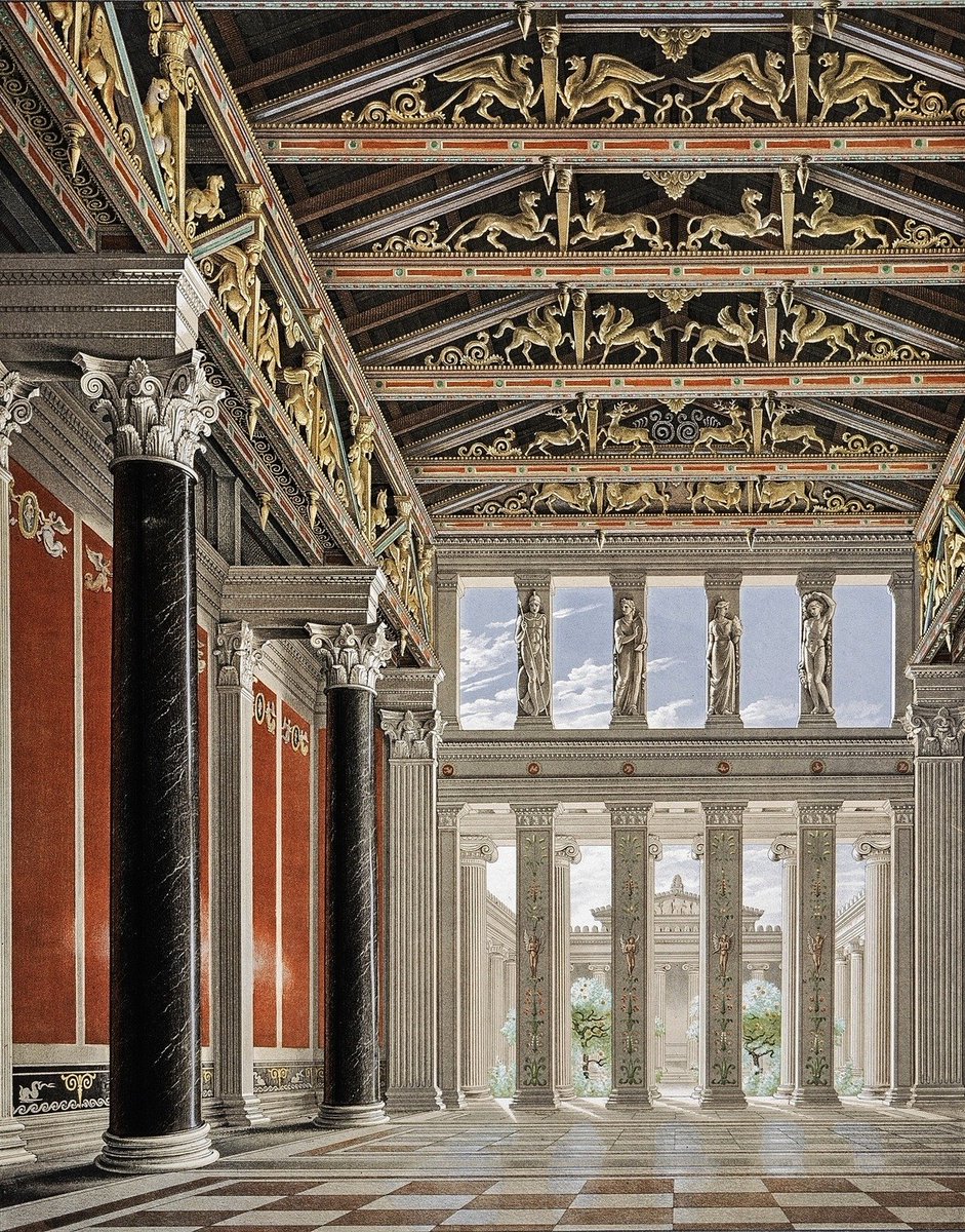 Trad_West_Art's tweet photo. Interior Perspective of the Great Hall, Looking Towards the Garden Court. From Palaces, a set of prints of the Palace on the Akropolis, Athens, and the Orianda Palace in the Crimea.   Heinrich Asmus after Karl Friedrich Schinkel. https://t.co/b6aGohgKri