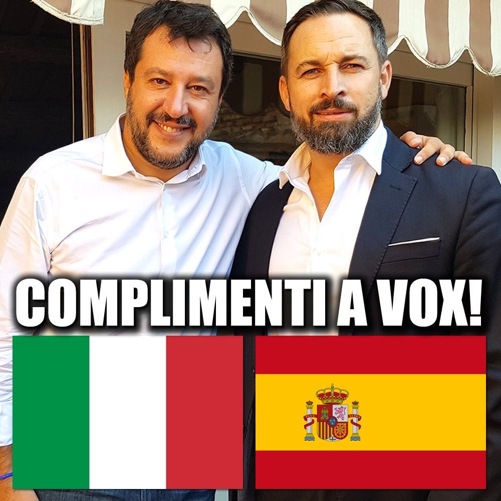 matteosalvinimi's tweet photo. Grande avanzata degli amici di @vox_es, scommetto già pronti titoli di tg e giornali su "vittoria estrema destra, razzisti, sovranisti, fascisti...”.
Macché razzismo e fascismo, in Italia come in Spagna vogliamo solo vivere tranquilli in casa nostra.
#portichiusi 🇮🇹🇪🇸 #10N https://t.co/hYWL2ovHDp