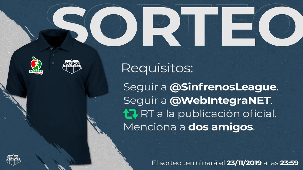 📌SORTEO‼

¿Queréis conseguir una camiseta de la @Sinfrenosleague ?

✅REQUISITOS✅
👉Seguir a @Sinfrenosleague y a <a href="/WebIntegraNET/">Integra Sport</a>.
👉Dar RT y MG al tweet del sorteo.
👉Menciona a 2 amigos.

Finaliza el 24/11. #SinFrenosLeague