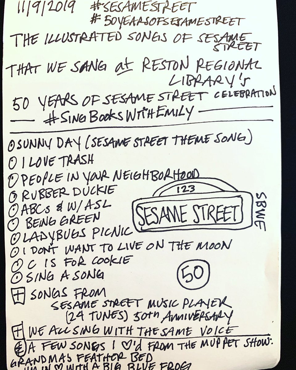 SingBooksEmily's tweet photo. The Illustrated Songs of Sesame Street that we sang at the special celebration of #50yearsofsesamestreet at #RestonRegionalLibrary on 11/9/2019
What fun we had! What wonderful songs! @LoveBooksReston @fairfaxlibrary @wetatvfm
#1000booksbeforekindergarten
#sesamestreet https://t.co/4M64mibUXl