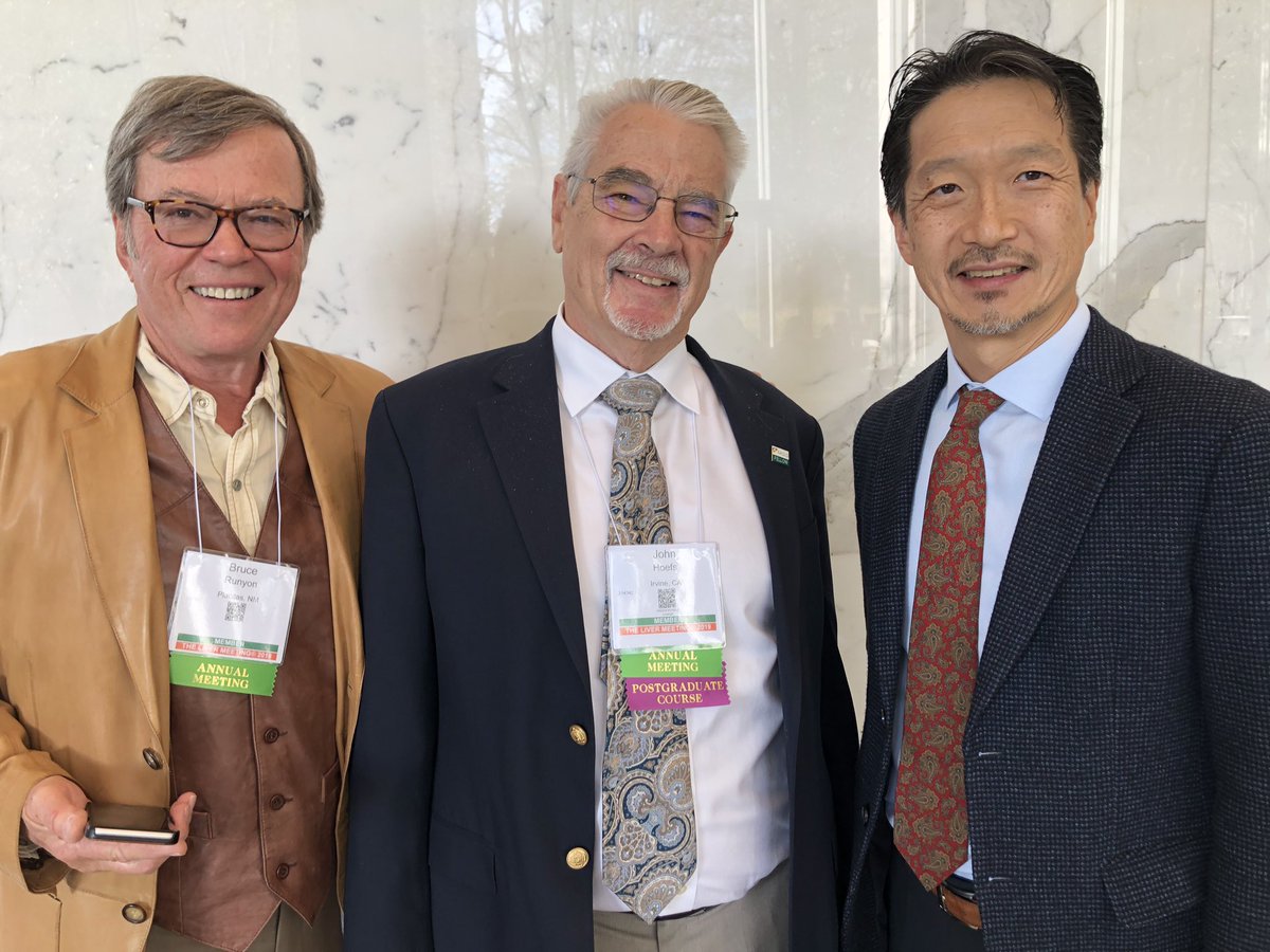 WRayKimMD's tweet photo. I had the honor of standing shoulder to shoulder with the giants of ‘ascitology’ - Drs. Bruce Runyon and John Hoefs. A humbling occasion as @AASLDtweets is getting ready to update its guideline on ascites and kidney injury. #TLM2019 https://t.co/2aIuEywjLL
