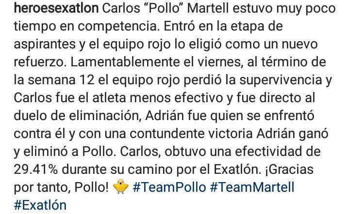 guardianesexa's tweet photo. Carlos “Pollo” Martell estuvo muy poco tiempo en competencia. Carlos, obtuvo una efectividad de 29.41% durante su camino por el Exatlón. ¡Gracias por tanto, Pollo! 🐥 #TeamPollo #TeamMartell #Exatlón https://t.co/jHkLH5EBCO