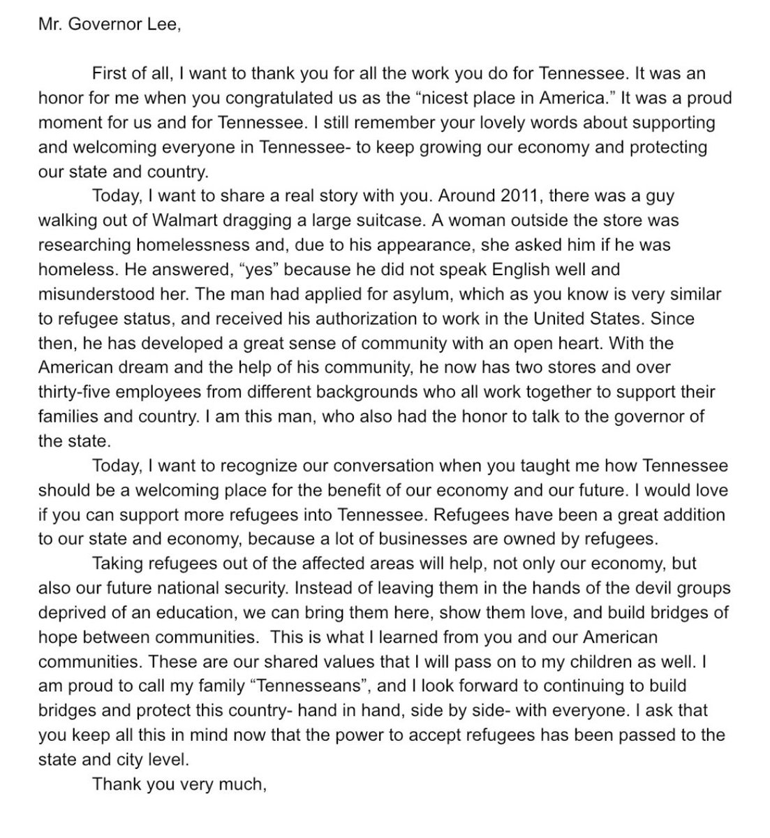 TN is home for me and other Families we have learned a lot from our community,We looking forward to keep building our state and country together, Build bridges between community,Please read me letter to @GovBillLee about keep accepting more refugees in TN retweet if you agree❤️🇺🇸