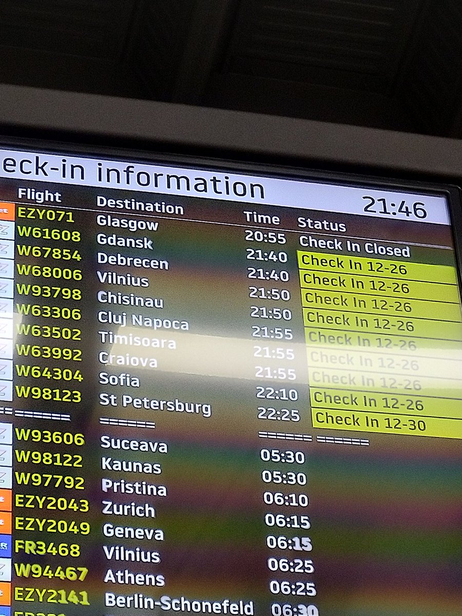 shilonosov's tweet photo. @wizzair Also, how is it possible - person on the check-inn counter says "check-inn" is closed but the table says the opposite? https://t.co/SBjG42XFs8