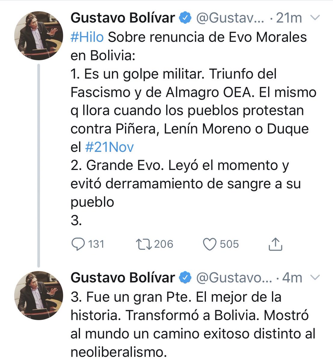 natiibedoya's tweet photo. Los únicos que no se alegran del triunfo de la democracia en Bolivia, son los que pretenden arraigar el socialismo. Como le duele a @petrogustavo y @GustavoBolivar la derrota de su amigo Evo Morales https://t.co/VTWeKEXWUT