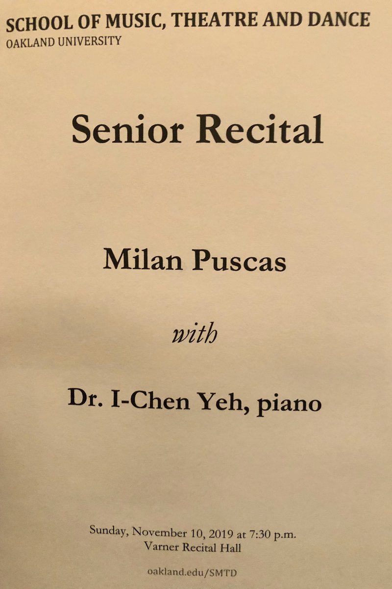 Congratulations to <a href="/mpuscasmusic/">Milan Puscas</a> on an outstanding senior recital. It has been a exciting to follow Milan’s growth as a musician and we can’t wait to see her success as a student teacher next semester. <a href="/OUSMTD/">OUMusicTheatreDance</a>  <a href="/oaklandu/">Oakland University</a>  <a href="/OaklandUMusicEd/">Oakland U Music Ed</a> #ThisIsOU #OUCAS #OUSMTD