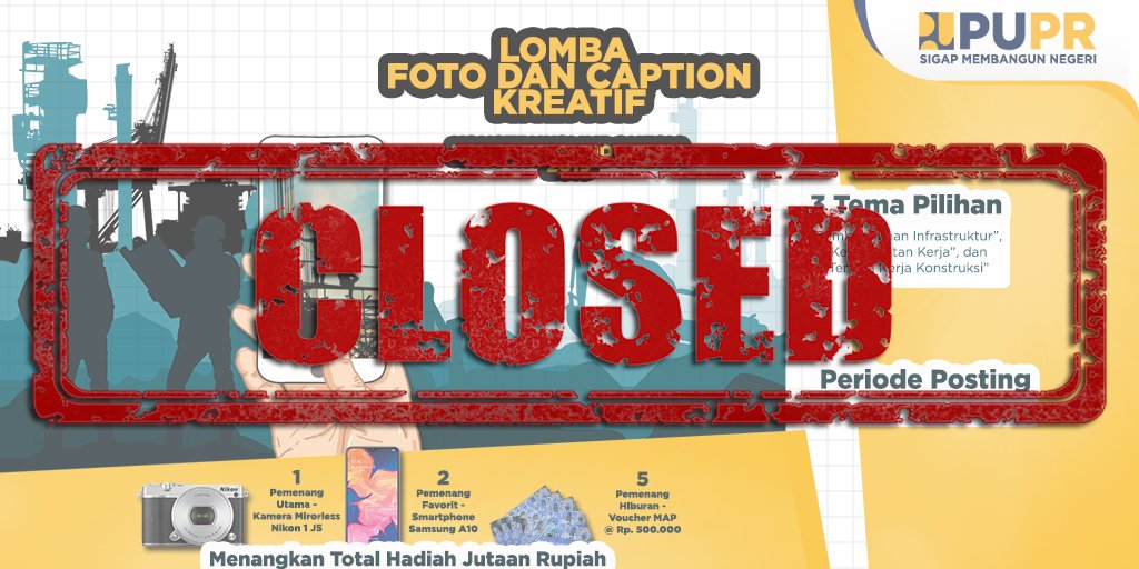 KemenPU's tweet photo. #SobatPUPR..
#LombaFotoCaptionPUPR #KI2019 di instagram telah usai kemarin pada 10 Nov 2019 pukul 11:59 PM. Nama-nama pemenang akan diinformasikan kembali pada tanggal 24 November 2019 di instagram KemenPUPR.
Terimakasih atas partisipasinya Sahabat! :)
.
#PUPRSigapMembangunNegeri https://t.co/gSH9jdf5zp