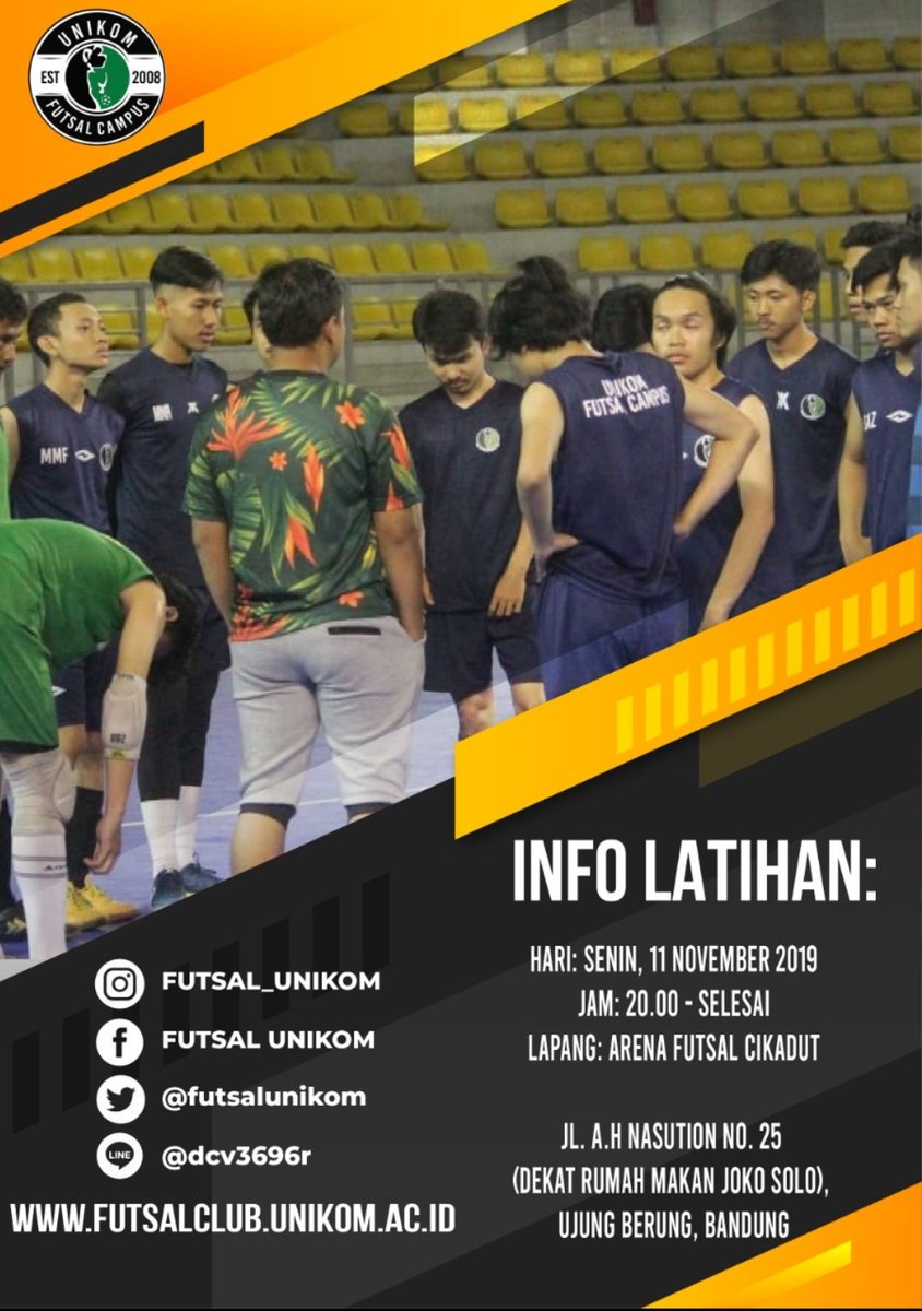 📣[info Latihan]
Jangan lupa hari ini ada latihan loh,... 
-
-
Hari: senin, 11 November 2019
Jam: 20.00 - selesai
Lapang: Arena Futsal Cikadut
-
-
Jl. A.H Nasution No. 25 (dekat rumah makan joko solo), Ujung Berung, Bandung