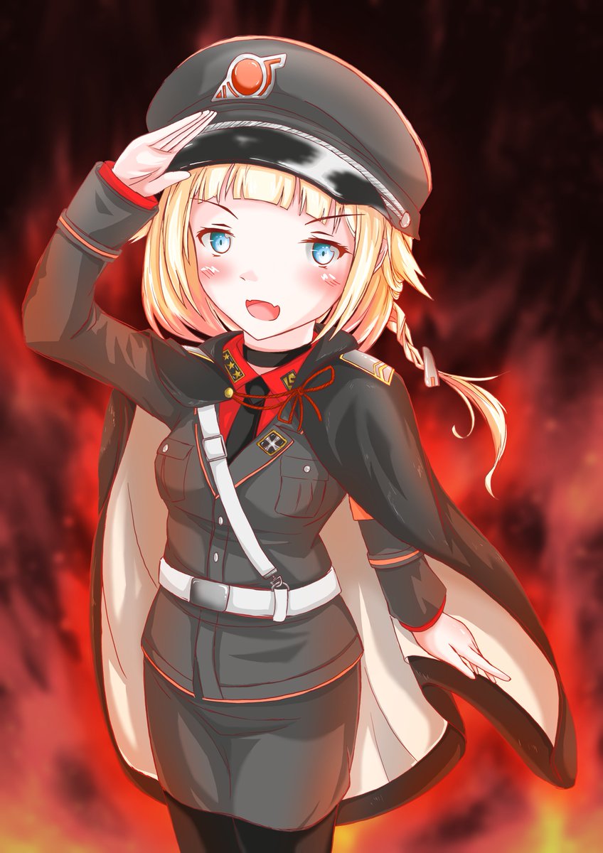 あき 普段コスプレ渋るウチのoneちゃんがこの衣装もっていったらノリノリで着てくれてポーズまでとってくれた 予定してた イラストが間に合わなかったから前から描きたかった衣装 軍オタではないので襟章がおかしいとか敬礼がおかしいとかツッコミは