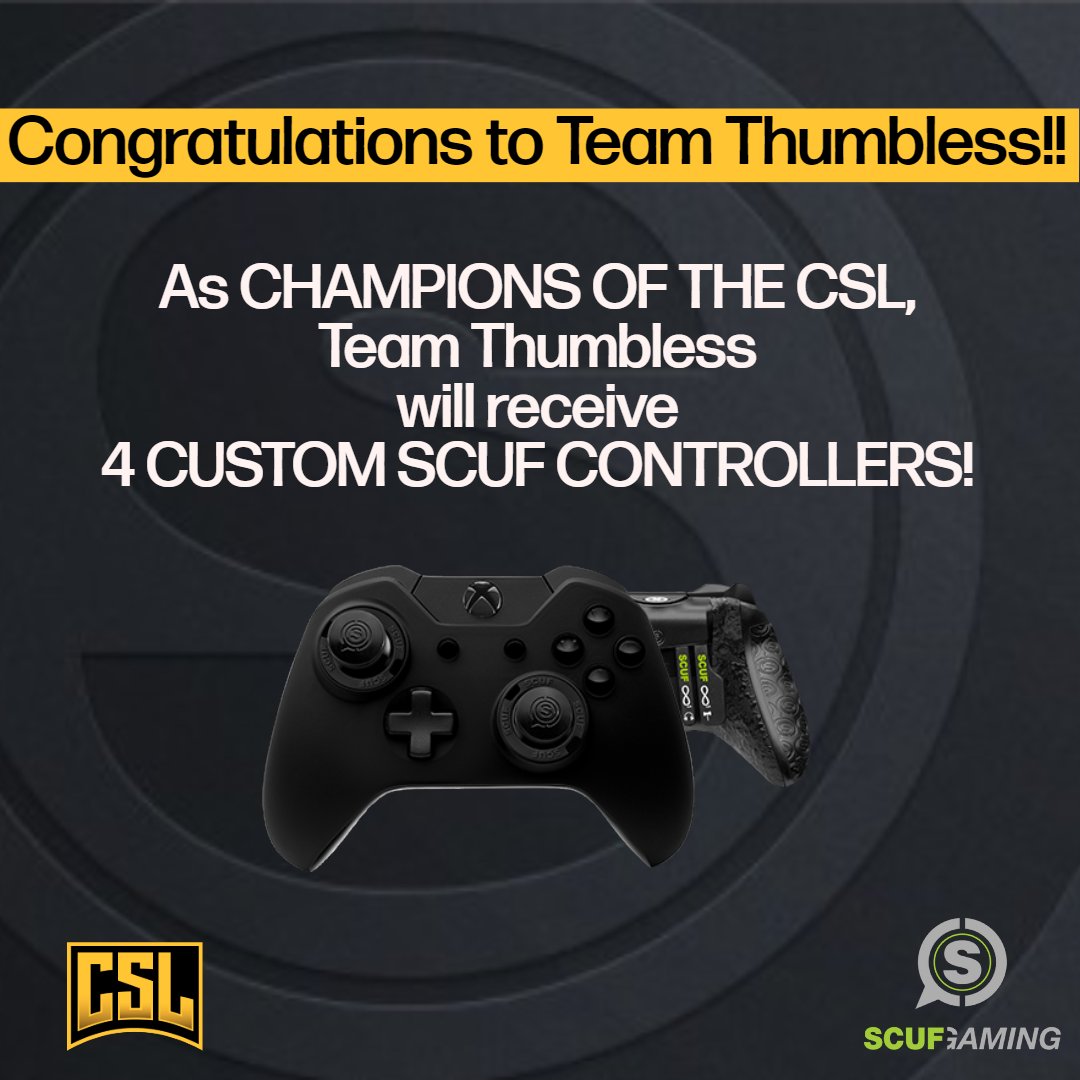Congratulations to  @TEAMTHUMBLESS!!! 

Your CSL Season  4 CHAMPIONS!!! 🥇🏆

Huge shout out to <a href="/ScufGaming/">SCUF</a> for providing the winning team with
4 CUSTOM SCUF CONTROLLERS!!! 🔥🔥🔥

#CSLMIXER #SCUF #MIXER #PUBG #XBOX