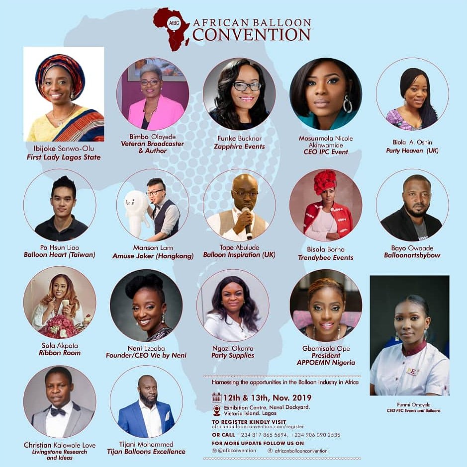 afbconvention's tweet photo. First Lady of Lagos State, @JokeSanwoolu, is leading the line-up of guests &amp; speakers who will be joining us at this year's edition of the African Balloon Convention. It holds tomorrow, Tue the 12th of Nov &amp; a day after too. Register for FREE: https://t.co/UsYnOxibnK

#AFBC2019 https://t.co/vHR9ym9muo