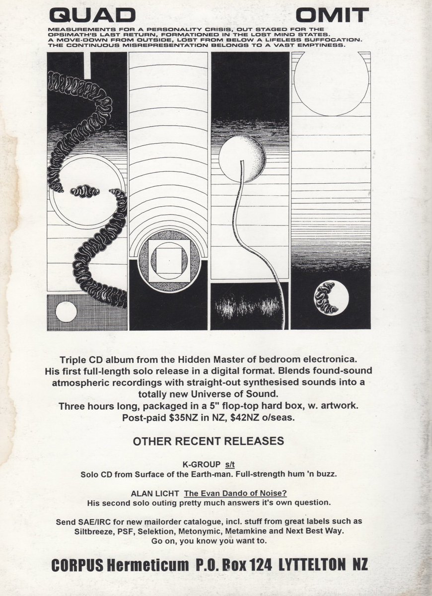 We’re back! 💥🖊 ✏️ 💻💥

And speaking of backs, here’s the back cover of Opprobrium #4 from December 1997: an advert for Corpus Hermeticum’s OMIT three cd box set ‘Quad’ 🎧🎙💾🎛