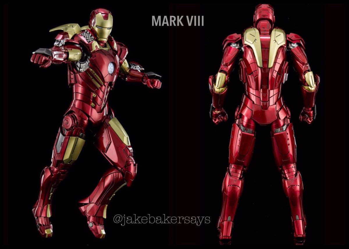 MARK VIII- first suit built for the Iron Legion- features more weapons systems than past suits- less bulky than the MK7- extra layer of Kevlar- equipped with a detachable backpack- more space for Repulsor units and weapons- more versatile and maneuverable