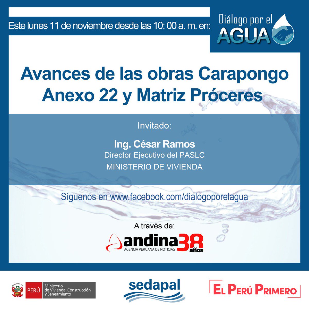 DialogoporAgua's tweet photo. Este lunes 11 por #DiálogoPorElAgua a través de @Agencia_Andina conversaremos con el Ing. César Ramos, Director Ejecutivo del #PASLC sobre el avance de las obras a cargo de dicha institución. También nos informaremos sobre el desarrollo del Expediente Técnico del Sector 315. https://t.co/EOFetS93yb