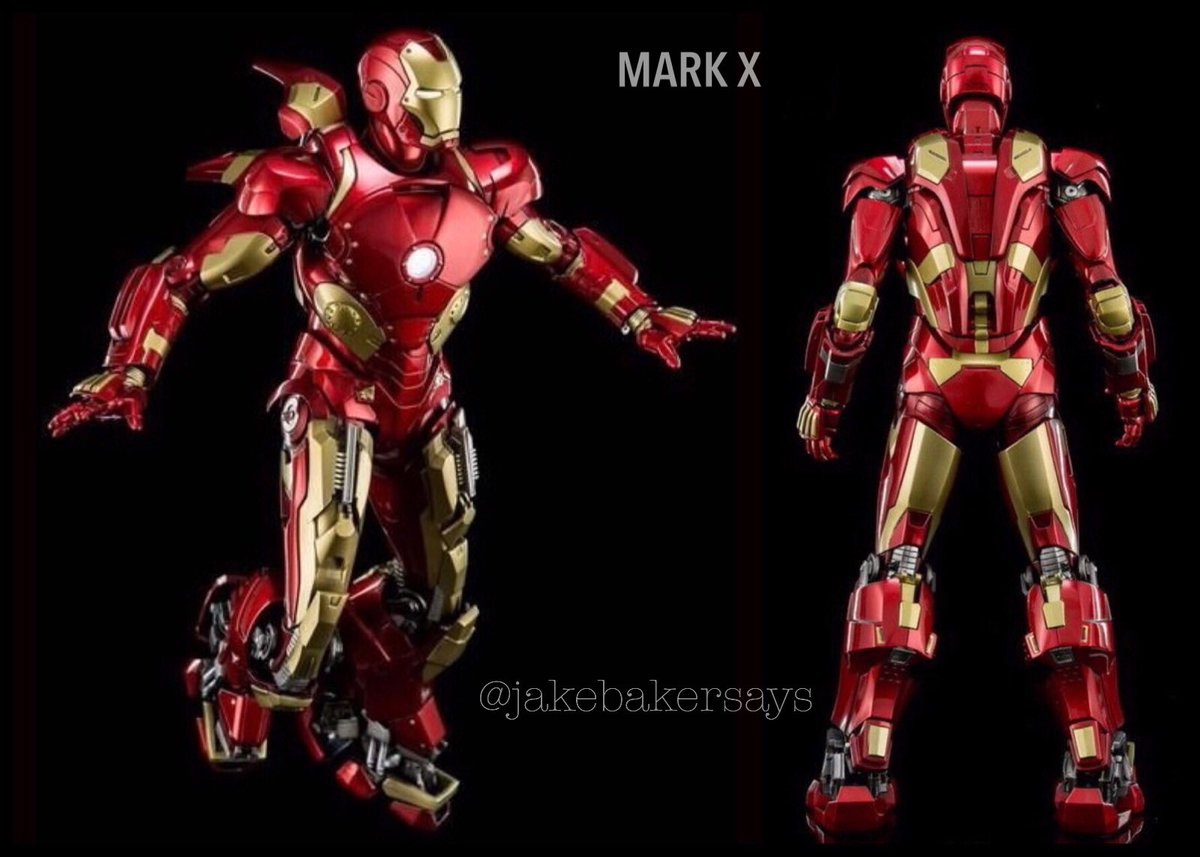 MARK X- third suit in the Iron Legion- first suit with additional Repulsors on the abdomen area- featured improved flight stabilizers, attached to the soles of the suit and thrusters on the back- due to additional thrusters, the MK10 can travel three times as fast as the MK9