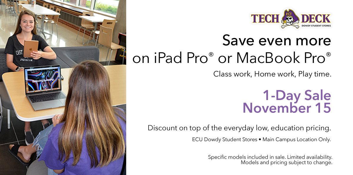 ECUDowdy's tweet photo. Looking to upgrade to a MacBook Pro® or iPad Pro® this fall? Get help finding the best fit @TechDeck_Dowdy Main Campus store. ECU's Fac-Staff Sale is Nov 15 with select model discounts on top of your already low, education pricing.  #ECU #ECUStaff #ECUFaculty #ECUProfessor https://t.co/a6yn6OjVRP