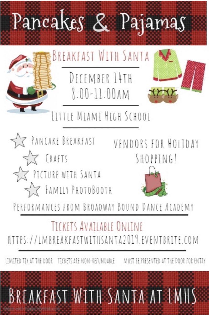 Breakfast with Santa is back <a href="/LittleMiamiHS/">Little Miami HS</a> on Saturday, 12/14, sponsored by LMHS Student Government!🎄🎁 Join us for Pancakes &amp; Pajamas with Santa! 🥞🎅🏼Breakfast, crafts, photos, entertainment, shopping w/ local vendors &amp; more! 🎟 …breakfastwithsanta2019.eventbrite.com <a href="/LM_Schools/">Little Miami Schools</a>