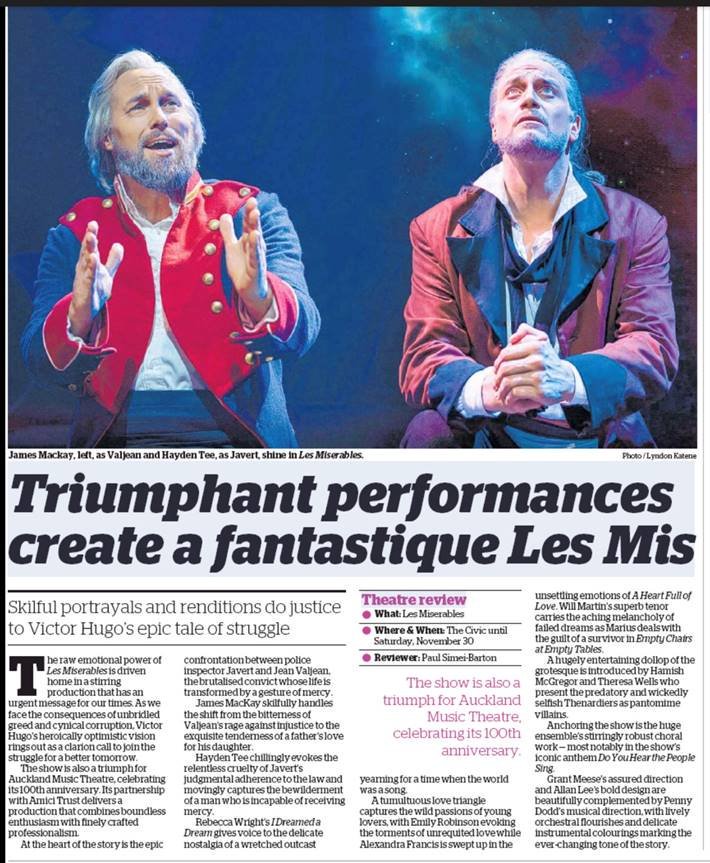 LesMisAuckland's tweet photo. "TRIUMPHANT" - @nzherald
We have been overwhelmed with the extraordinary response from #LesMisAuckland audiences &amp; critics alike 🎭🇫🇷  #AmiciNZ #AMTNZ Let us know what you thought if you've joined us at the barricade already! https://t.co/dl0vxrLh7F