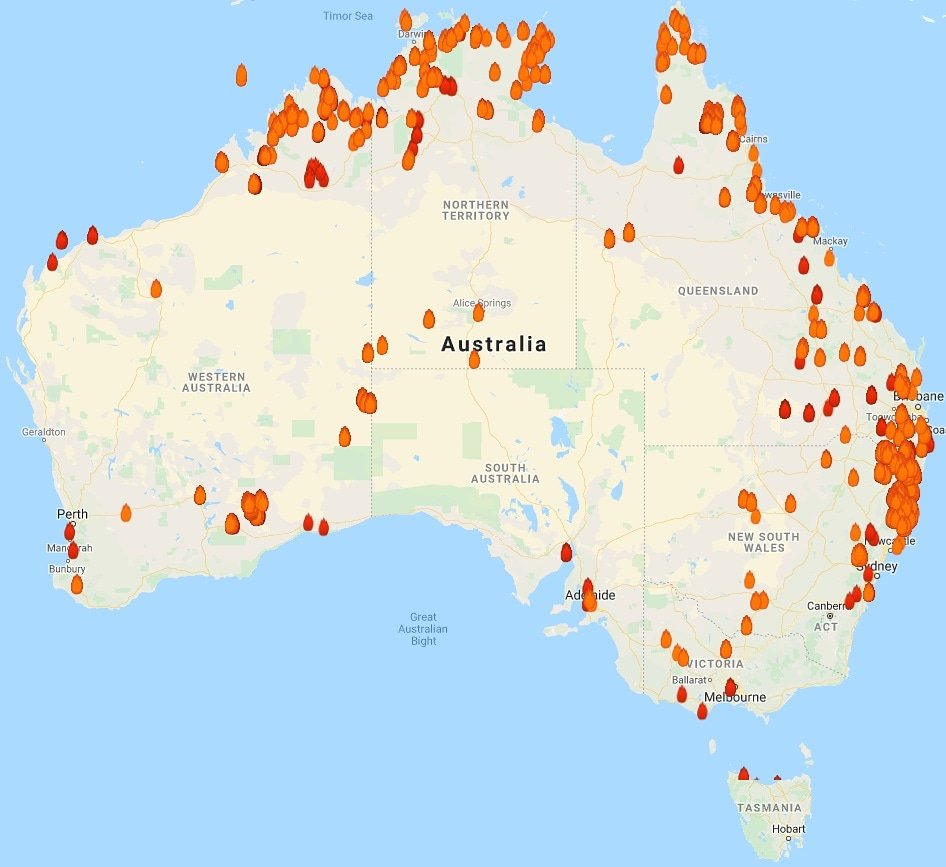 Matt_SHEtraffic's tweet photo. This map shows the bushfires burning up Australia between now and the last 24hrs... Thoughts and Prayers go out to those affected by this catastrophic state of emergency and those fighting them... #SACFS #VICCFA #WADGES #NTDFES #QLDRFS #NSWRFS #TASFS https://t.co/Ayt8BpVEJ0