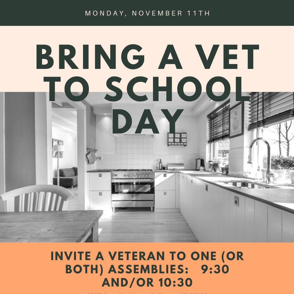 Tomorrow is Veterans Day and we want to honor all the Military Veterans that served our country. If you have someone in your life that served make sure to bring them to the assembly tomorrow. Please bring spare change you have for an activity during the assembly to show support