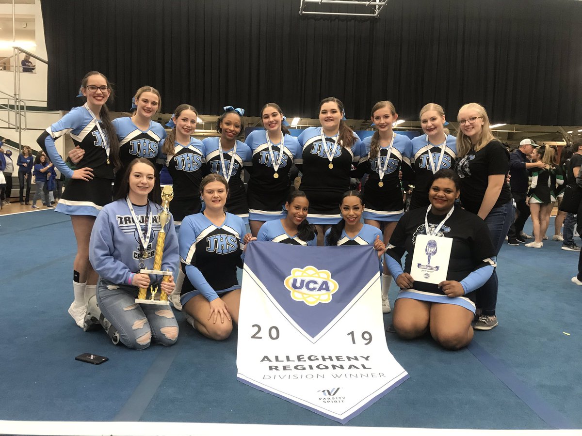 JohnstownCheer's tweet photo. FIRST PLACE IN SMALL VARSITY AND A BID TO NATIONALS!!! DISNEY, HERE WE COME!!! #soooproud 💙🖤💙 #trojanpride https://t.co/2HuyGK3yu4