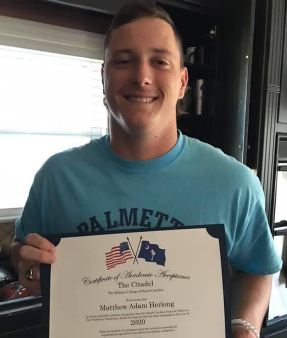 SaludaCounselor's tweet photo. It’s another #PawsUp for @SaludaHigh #Senior Matthew Herlong, for his acceptance to @Citadel1842! Be sure to turn in all #acceptance &amp; #scholarship letters so we can celebrate all seniors! #UsedWithPermission #ClassOf2020 #TheCitadel #CharlestonSC #SHSTigerPride  #MakingHistory https://t.co/tY9Pc7lvqP