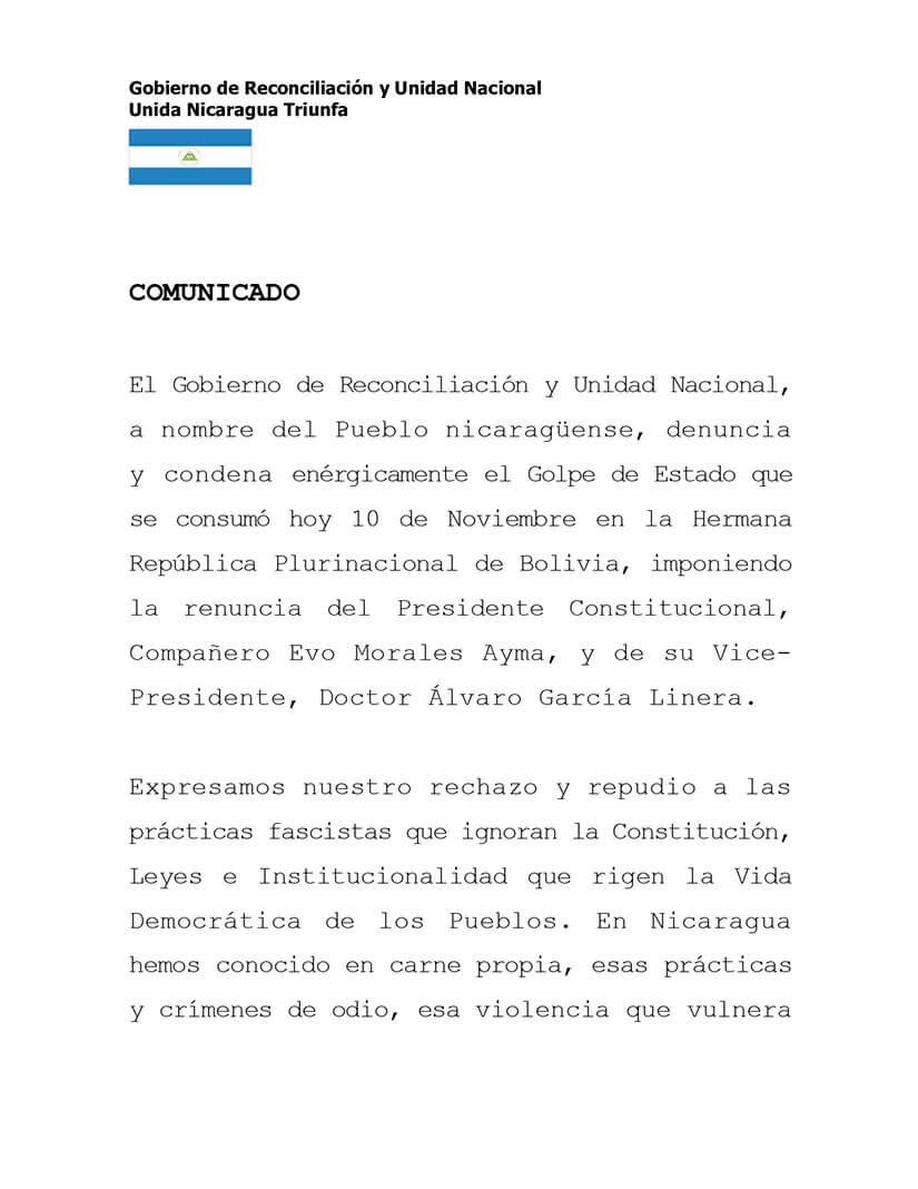 jpmasespanol's tweet photo. El Gobierno de #Nicaragua, a nombre del pueblo nicaragüense, denuncia y condena el Golpe de Estado que se consumó hoy en #Bolivia, donde se impuso la renuncia del presidente @evoespueblo. https://t.co/mzgEtL2d1N
