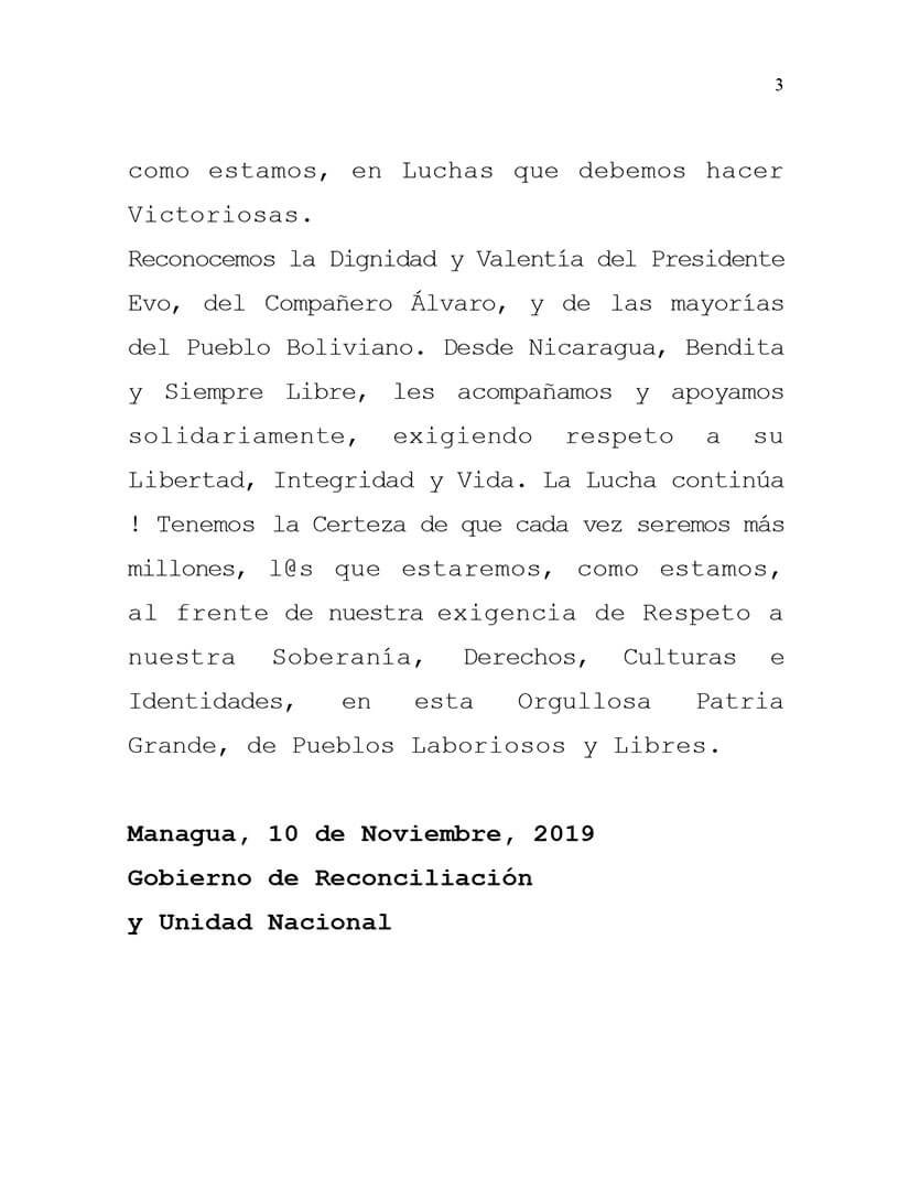 jpmasespanol's tweet photo. El Gobierno de #Nicaragua, a nombre del pueblo nicaragüense, denuncia y condena el Golpe de Estado que se consumó hoy en #Bolivia, donde se impuso la renuncia del presidente @evoespueblo. https://t.co/mzgEtL2d1N