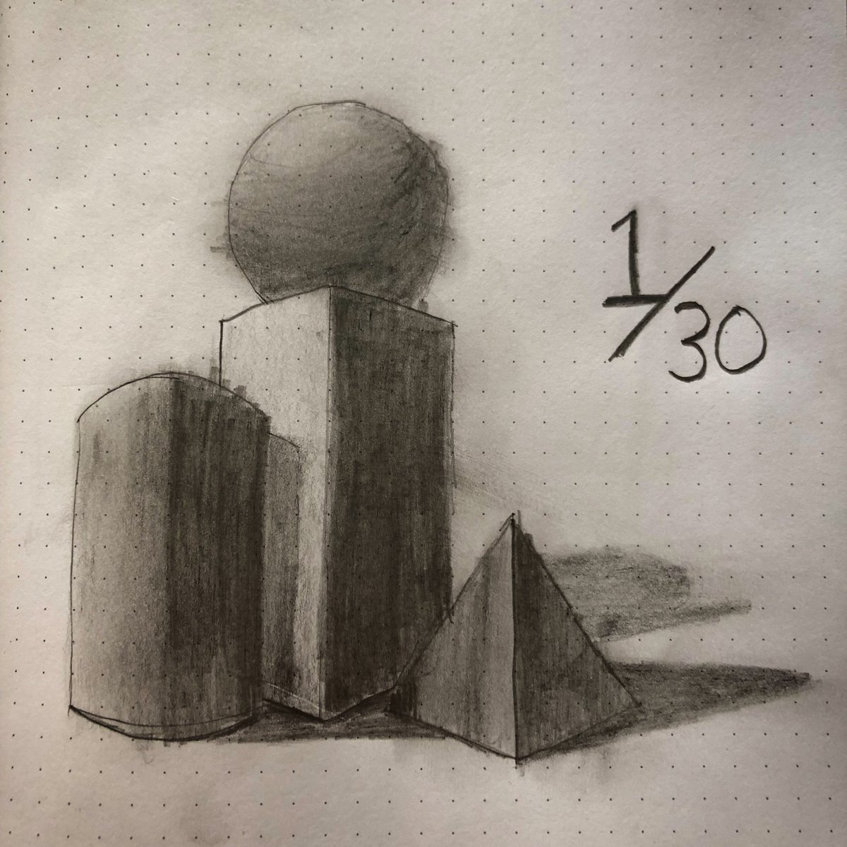 Day 1The first of many still life drawings to come. I found a nice reference online and tried my best to recreate the shading.They start to get much more interesting around halfway through :p