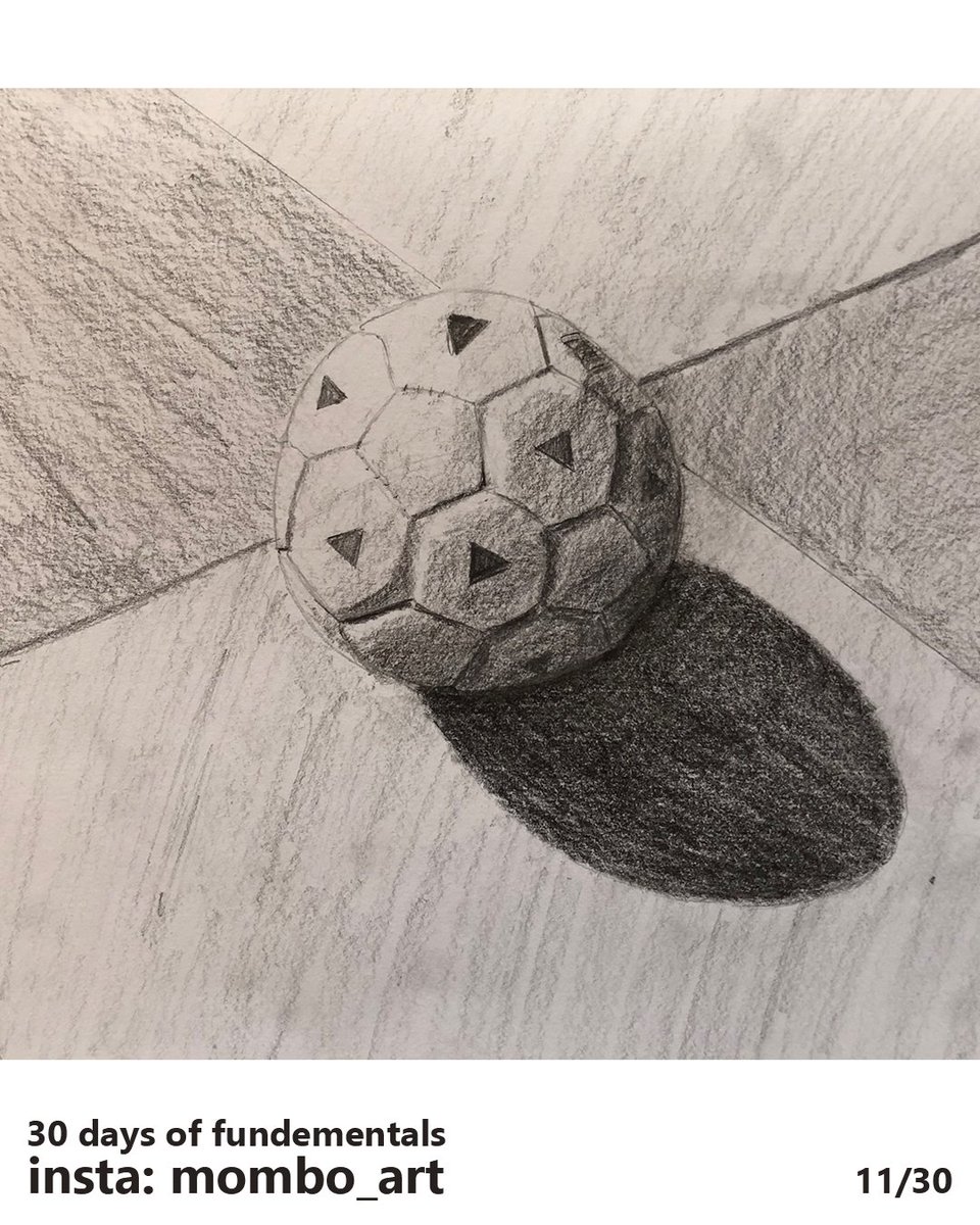 Day 11Photographed a soccer ball on my patio and tried to draw it. Shadow angle is off but I got some effective shading on some parts of the ball.