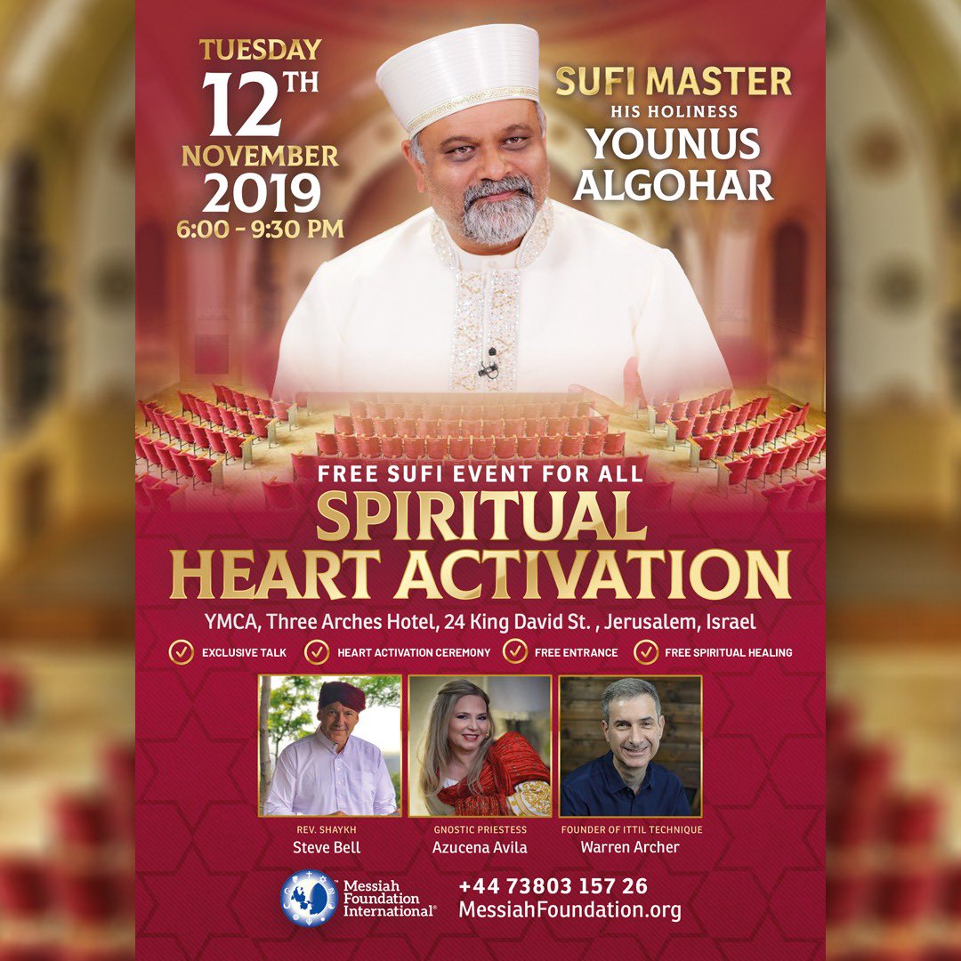 ALRA_TV's tweet image. We are so excited for our upcoming FREE events in #Israel! All are welcome. Featuring Sufi Master @YounusAlGohar, Rev Steve Bell, Azucena Avila, Scott and Marla Berger and Warren Archer.⁣  #UniversalSufism 

#Jerusalem: messiahfoundation.org/events/jerusal…

#Haifa: messiahfoundation.org/events/haifa/