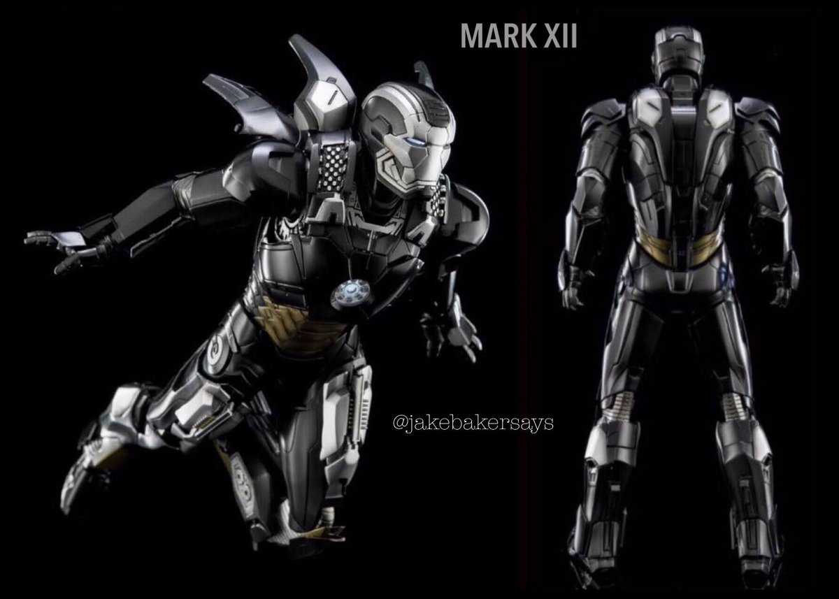 MARK XII- fifth suit in the Iron Legion - does not feature red and gold color scheme - silver and gold scheme is from the gold titanium, high density carbon and steel alloy exoskeleton- one of the most durable suits, was able to survive the battle with the Extremis soldiers