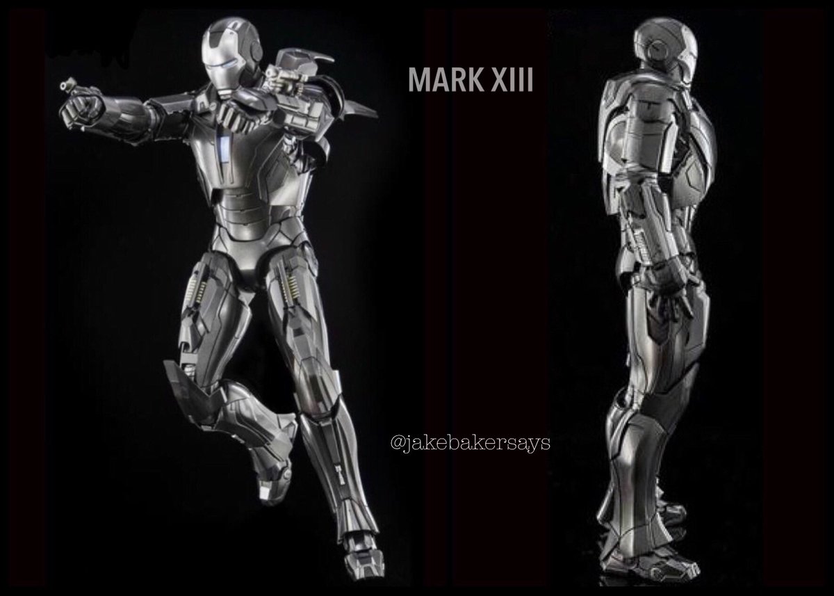 MARK XIII- sixth suit in the Iron Legion - first suit to feature a rectangular chest reactor- built for more aerodynamic flight potential, speed and maneuverability- made from an aluminum and titanium steel making it lighter than most armors and completely silver