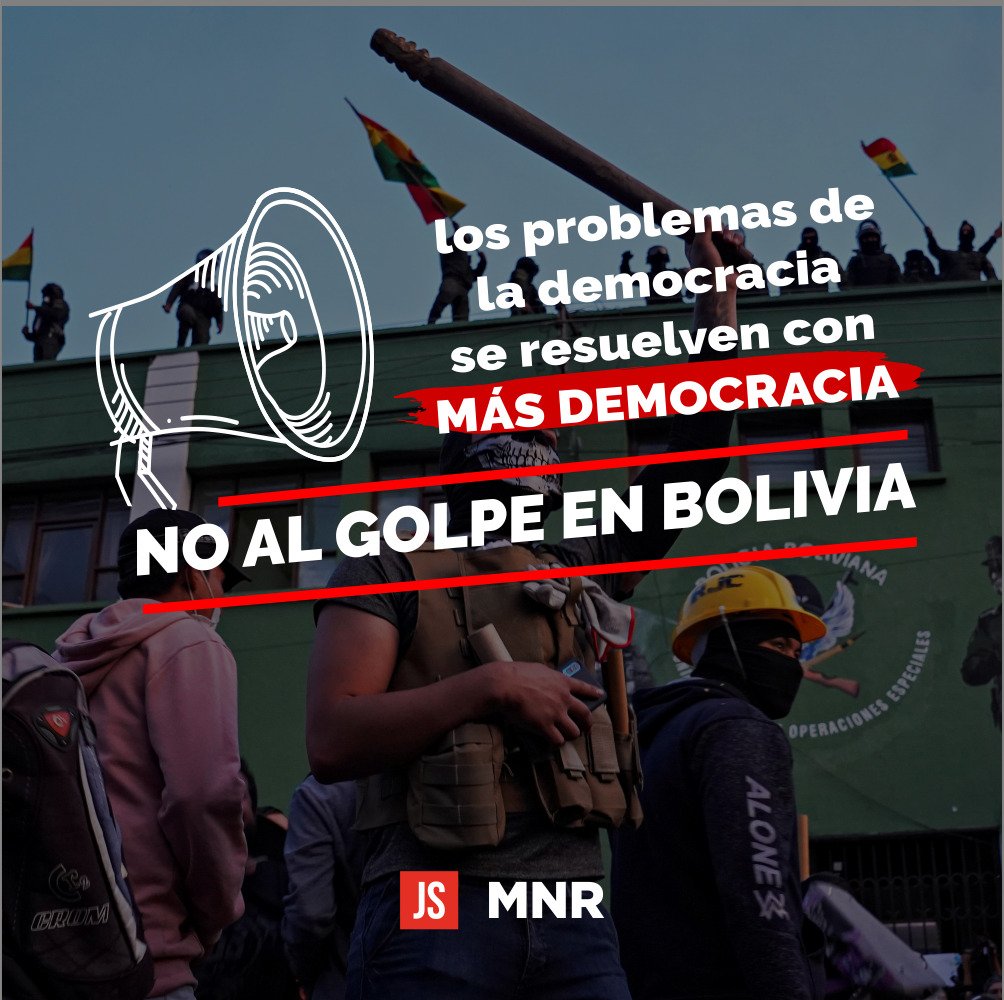 JS_Argentina's tweet photo. Repudiamos el Golpe de Estado
que se esta dando en #Bolivia. Los países de América Latina deben solidarizarse y pronunciarse en contra de este atropello. La democracia, la participación y transparencia es el único camino para construir una sociedad más justa e igualitaria. https://t.co/6xpXtubZXP
