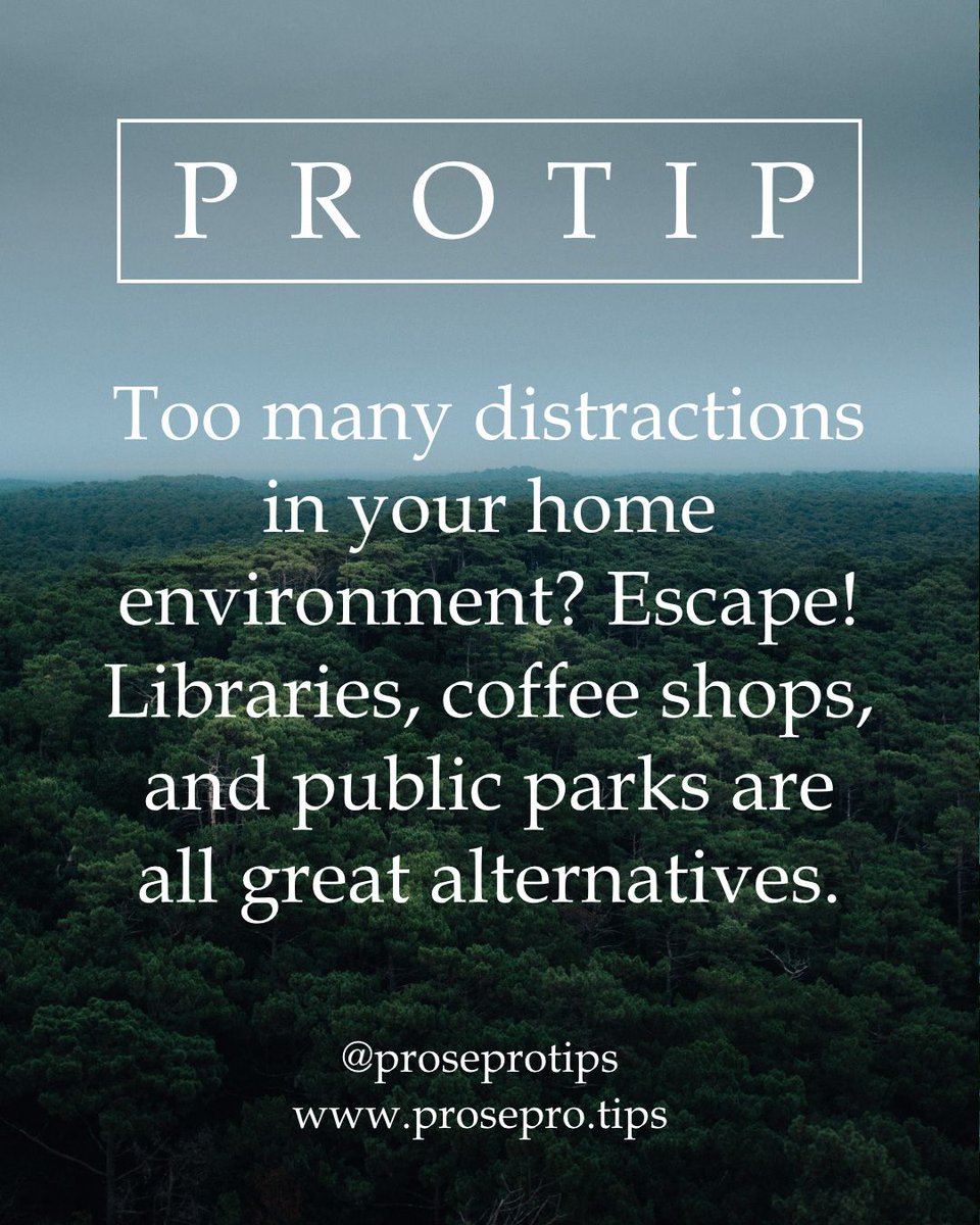 ProseProtips's tweet image. Too many distractions in your home environment? Escape! Libraries, coffee shops, and public parks are all great alternatives.
.
.
#focus #distraction #writersblock #nanowrimo2019 #writingtips #writingadvice #proseprotips #howtowriteabook #writerscommunity