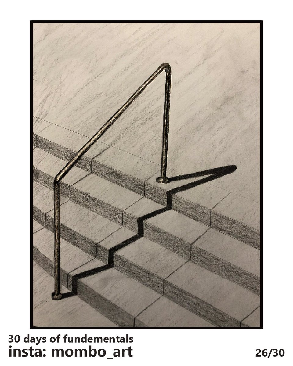 Day 26I found this BOLD picture of a little railing with its shadow bending up the stairs. I captured its essence fairly well, though my perspective is a bit wonky