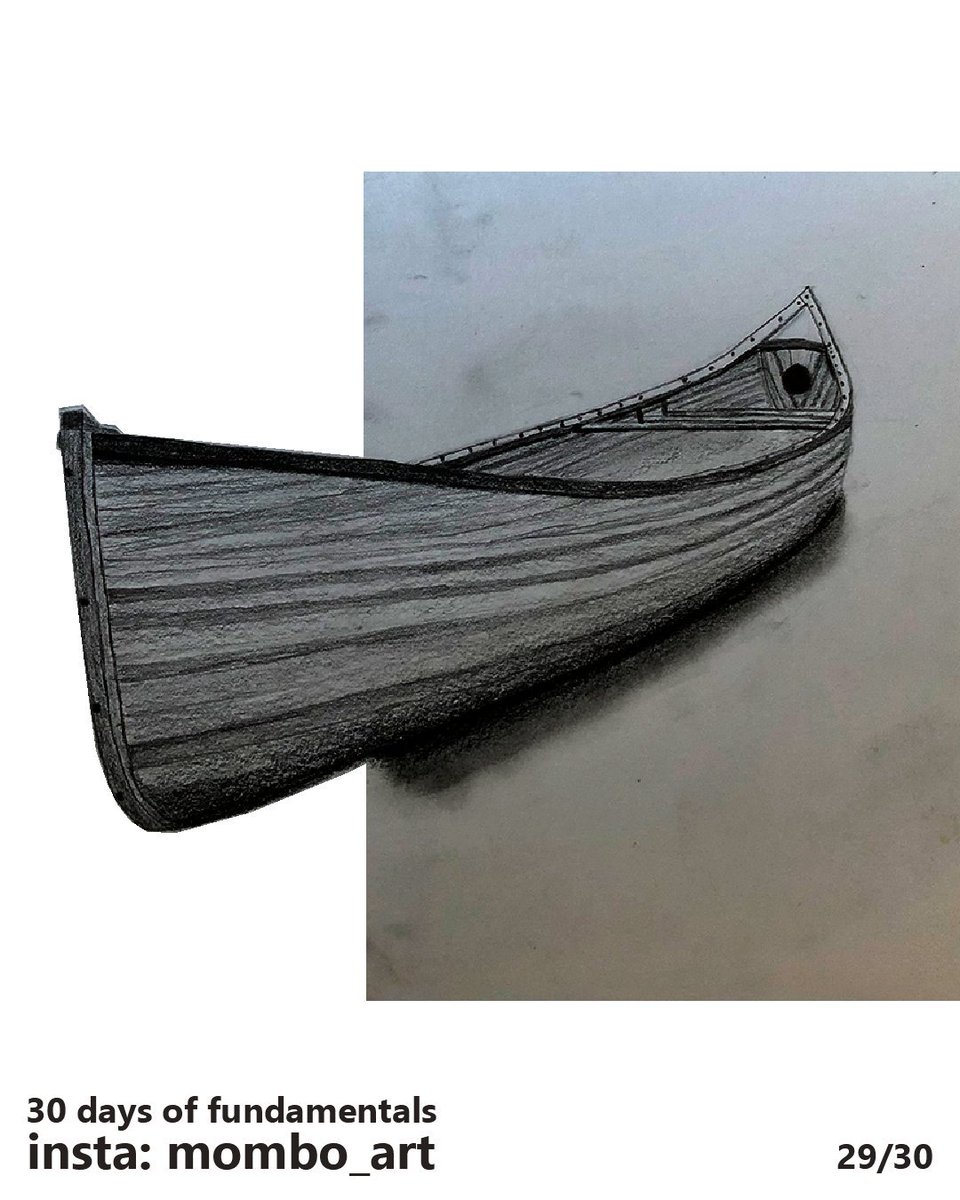 Day 29I found the PERFECT reference of a canoe with very strong foreshortening (where it gets bigger towards the camera)sketched it out and then did some editing to try and make it look like it was busting off the page or someshit idk.Turned out really cool