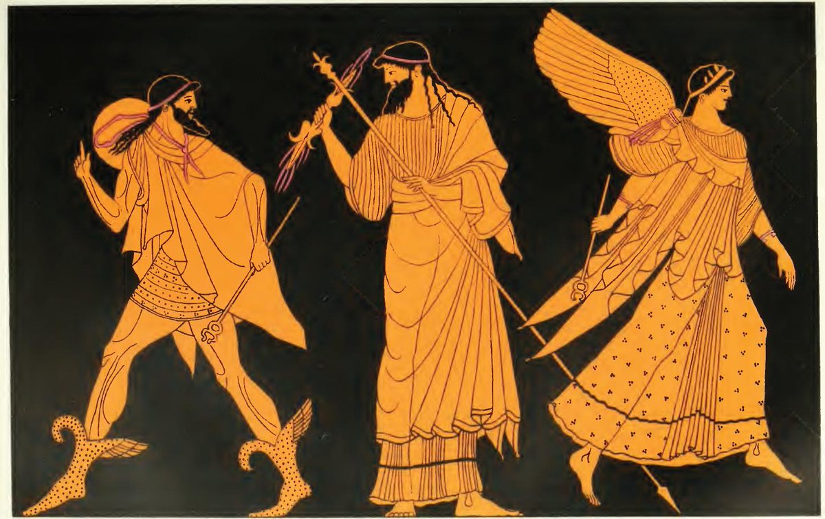 Perhaps the most colorful is that the God of Communication, Hermes Ἑρμῆς, invented it after he was inspired by the shapes of the wings of a flock of cranes in flight.Zeus sending forth Hermes and Iris.